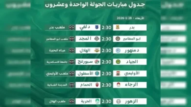 جدول مباريات الجولة الواحدة وعشرون